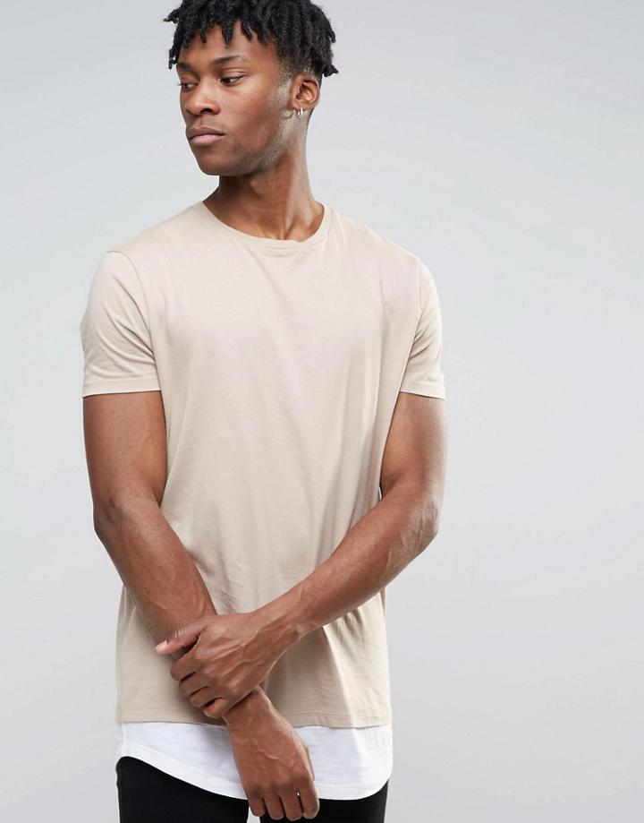 Asos Super Longline T-shirt With Curved Hem Extender In Beige - Beige