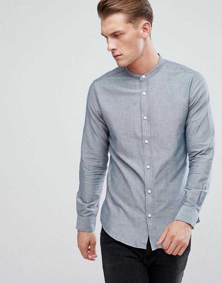 Only & Sons Slim Fit Oxford Shirt With Grandad Collar - Navy