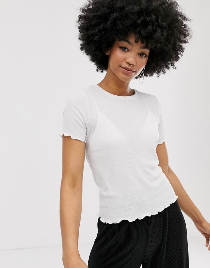 Monki Lettuce Hem Ribbed T-shirt In White