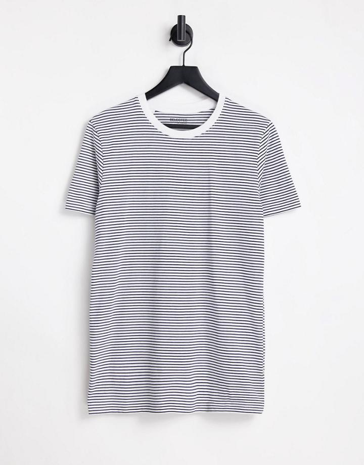 Selected Homme Organic Cotton Slim Fit T-shirt In Navy Stripe
