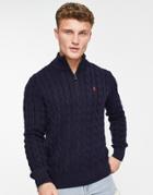 Polo Ralph Lauren Icon Logo Half Zip Cotton Cable Knit Sweater In Navy