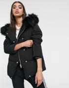 Asos Design Tie Waist Puffer Jacket With Faux Fur Hood In Black - Black