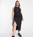 Asos Design Curve Asymmetric Horn Twill Button Maxi Dress With Split Detail In Black