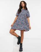 Asos Design Short Sleeve Smock Mini Dress In Floral-multi