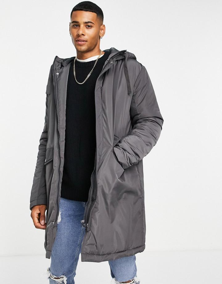 Asos Design Parka Jacket In Charcoal-black