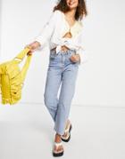 New Look Straight Leg Fray Hem Jeans In Mid Blue-blues
