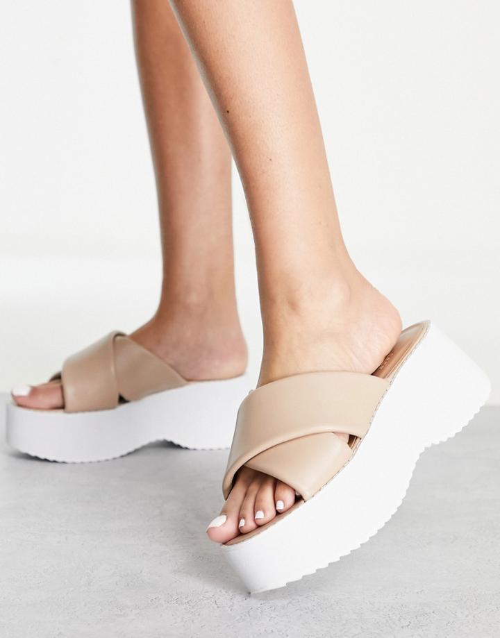 Asos Design Tornado Padded Cross Strap Flatforms In Beige-neutral