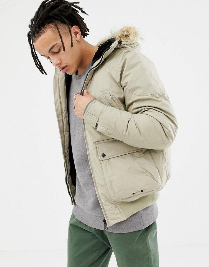 Pull & Bear Fleece Lined Coat With Faux Fur Trimmed Hood - Tan