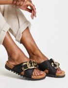 Asos Design Frenzy Cross Strap Flat Sandals With Chain In Black