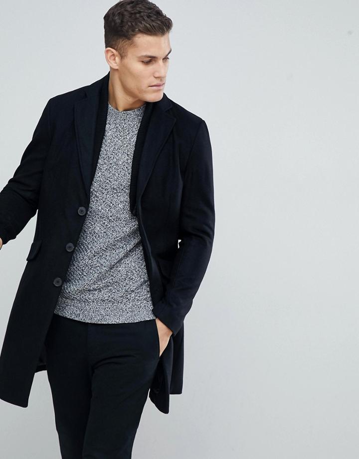 Stradivarius Wool Overcoat With Detachable Collar In Black - Black