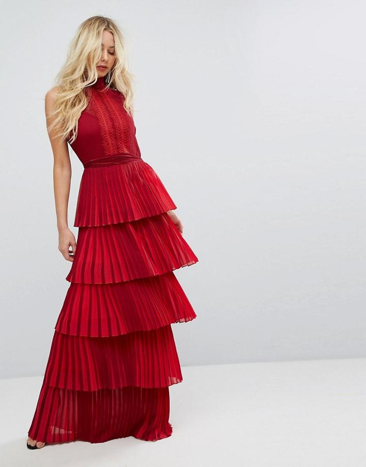 Bodyfrock Tiered Pleated Maxi Dress With Lace Bodice And Tie Belt - Red