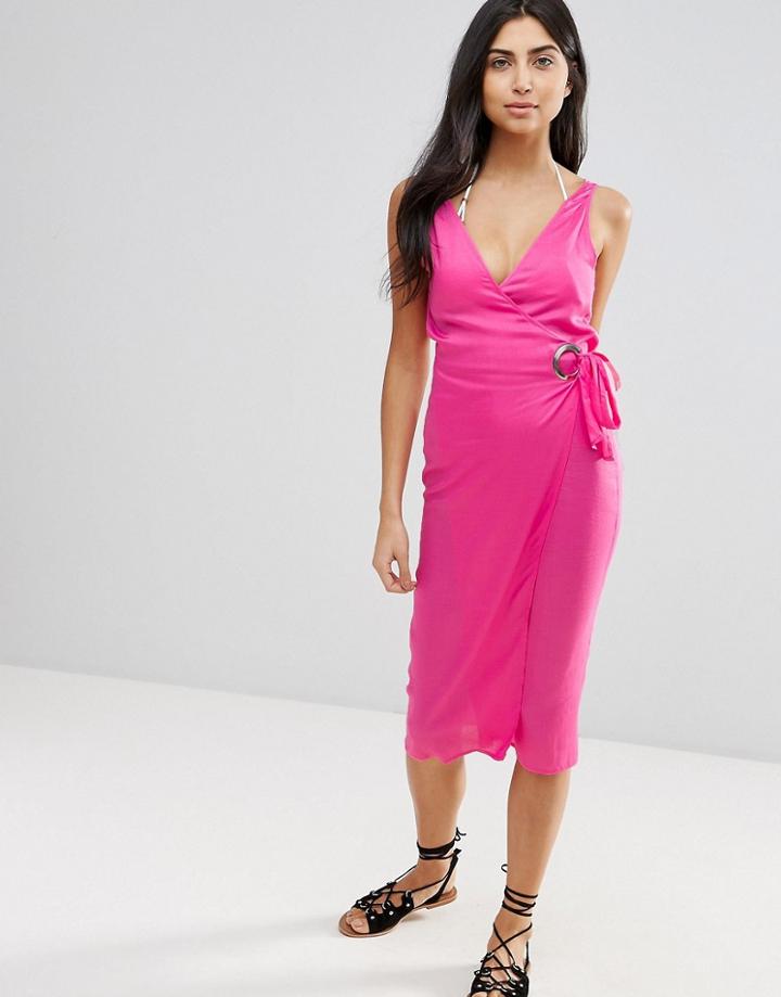 Asos Eyelet Tie Side Midi Beach Dress - Pink