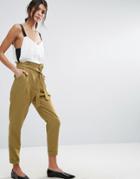 Asos Linen Paperbag Waist Pants With Tie - Green