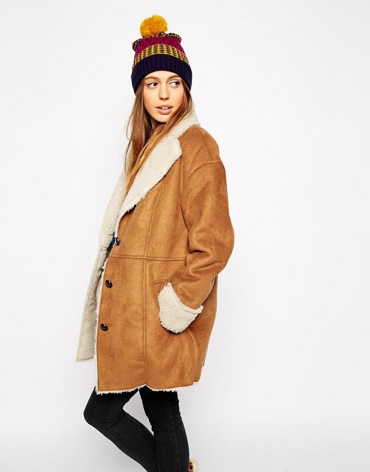 Asos Faux Fur Coat In Vintage Shearling - Beige