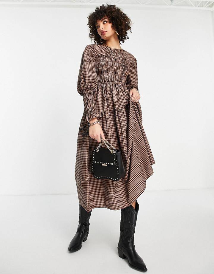 Topshop Check Shirring Midi Dress In Multi