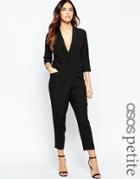 Asos Petite Tuxedo Jumpsuit With Wrap Front And Long Sleeves - Black