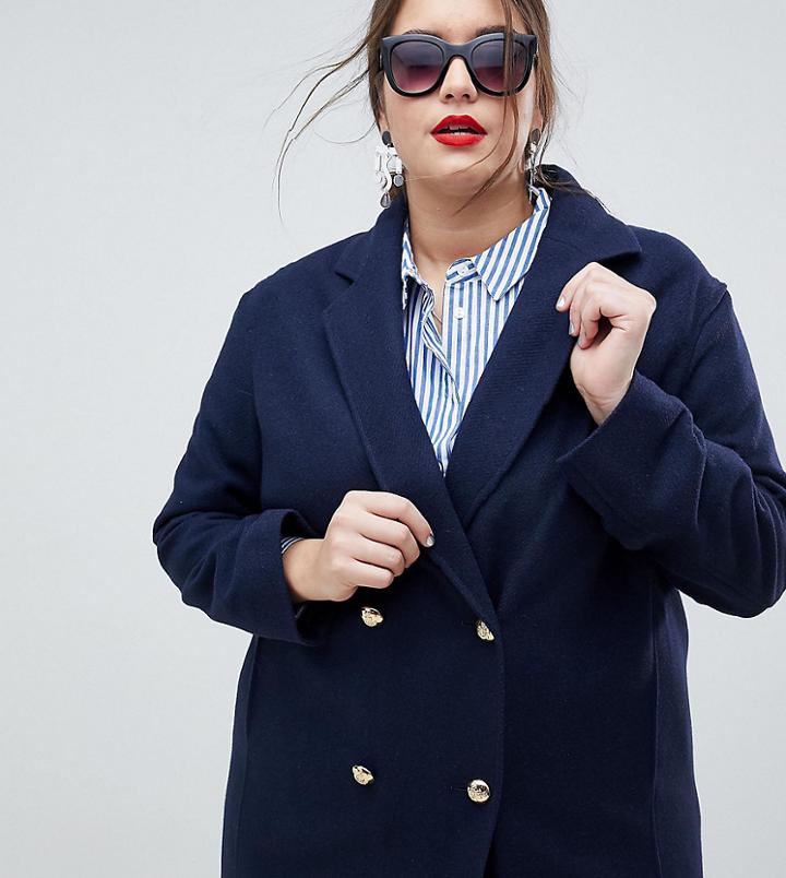 Helene Berman Plus Military Wool Blend Coat - Navy