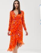 Virgos Lounge Floral Embellished Wrap Front Ruffle Asymmetric Midi Dress In Orange - Orange