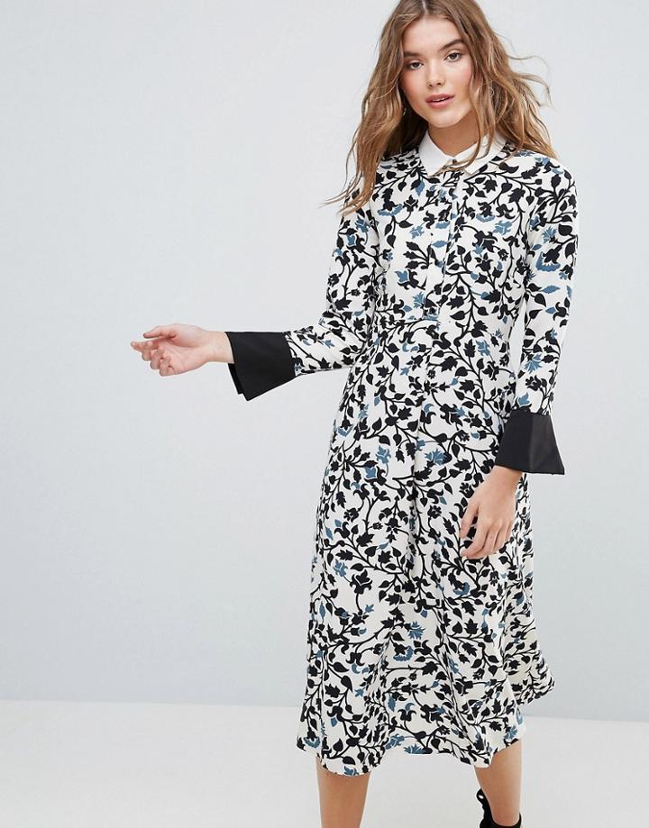 Closet Long Sleeve Bell Sleeve Collared Dress - Multi
