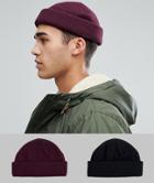 Asos Mini Fisherman Beanie 2 Pack In Black & Burgundy Save - Black