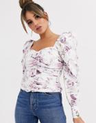 Asos Design Ruched Front Top With Volume Sleeve In Wallpaper Floral Print-multi