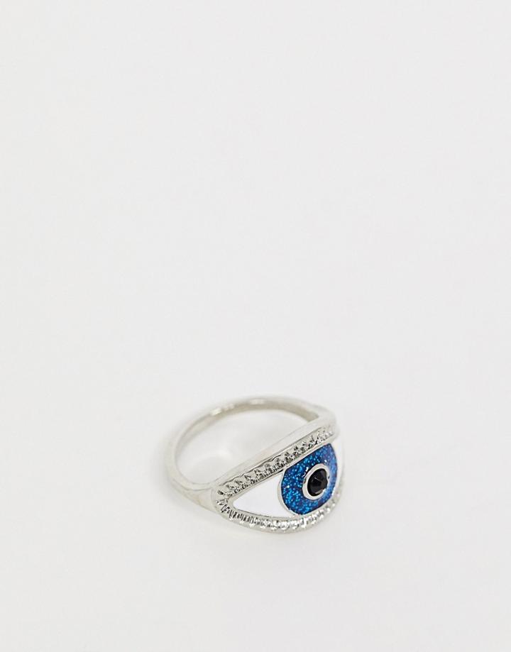 Asos Design Ring In Enamel Eye Design In Silver Tone - Silver