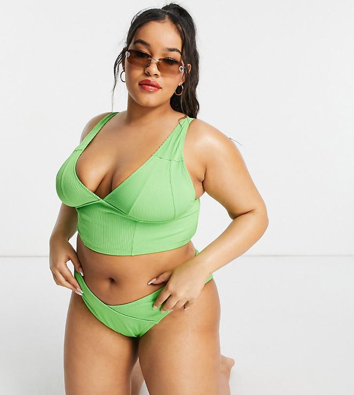 We Are We Wear Plus Mix And Match High Leg Ribbed V Front Brazilian Bikini Bottom In Lime-green