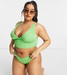 We Are We Wear Plus Mix And Match High Leg Ribbed V Front Brazilian Bikini Bottom In Lime-green