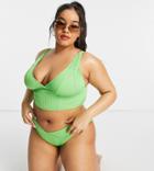 We Are We Wear Plus Mix And Match High Leg Ribbed V Front Brazilian Bikini Bottom In Lime-green