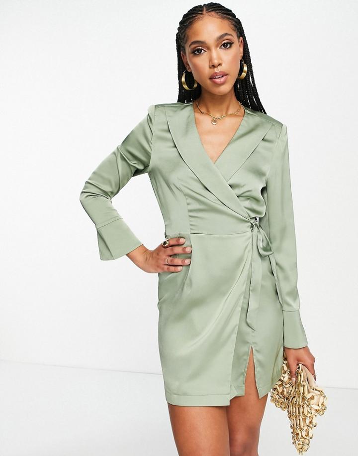 Aria Cove Satin Wrap Dress With Split Detail In Sage-green