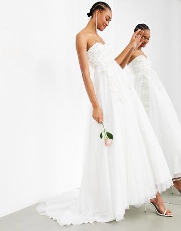 Asos Edition Matilda Bandeau Wedding Dress With Full Skirt And Floral Embroidery-white