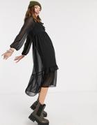 New Look Ruffle Detail Chiffon Midi Dress In Burgundy-black
