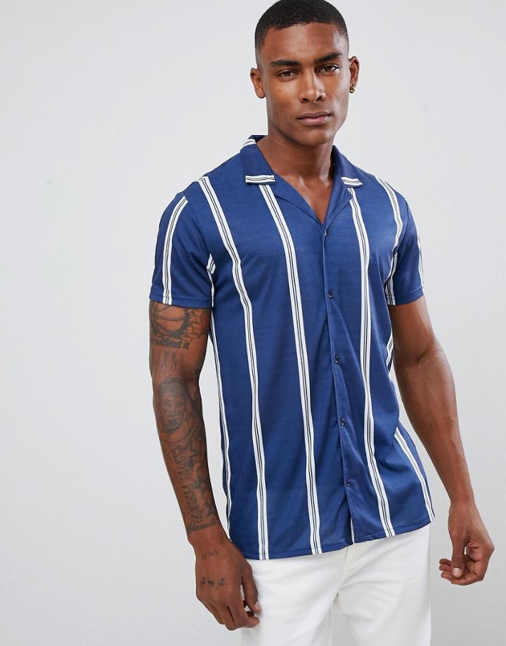 Boohooman Revere Collar Shirt In Navy Stripe - Navy