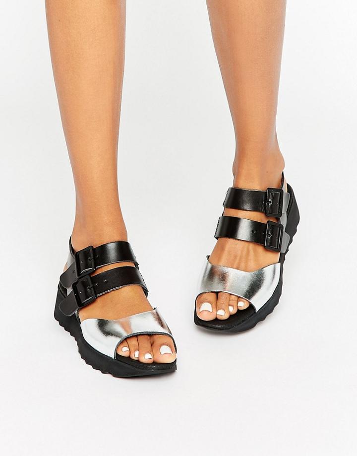 Eeight Carey Black Leather Flat Sandals - Blacksilver