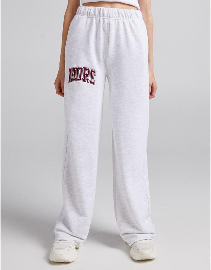 Bershka Oversized Sweatpants With Slogan In Gray Heather-grey