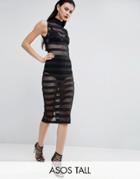 Asos Tall High Neck Mesh Stripe Bodycon Midi Dress With Underwear - Bl