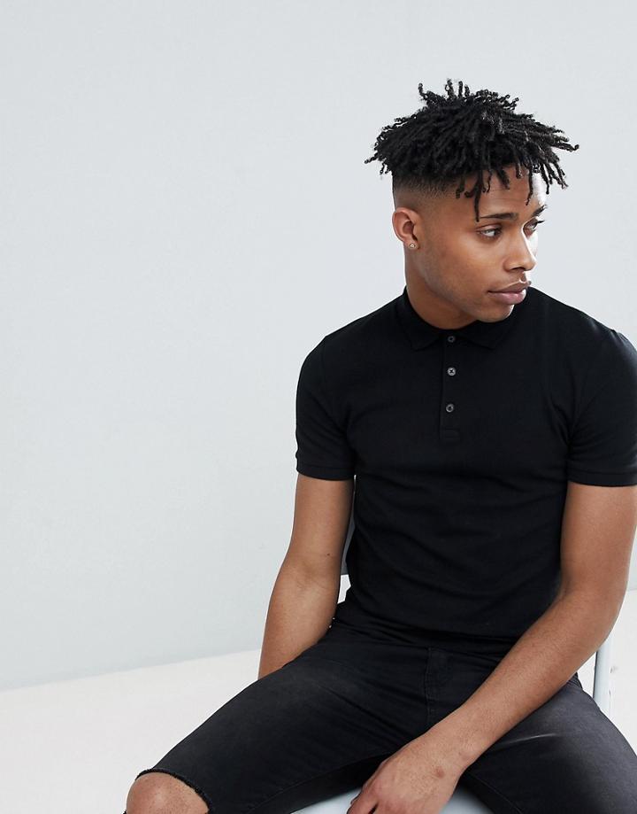 Asos Design Muscle Fit Pique Polo In Black - Black