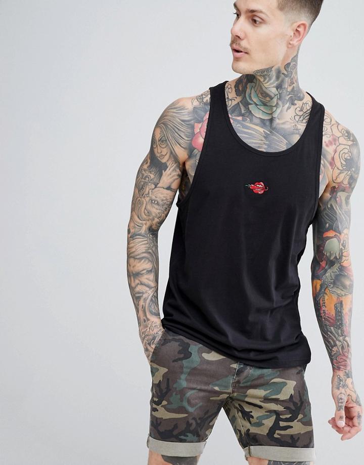 New Love Club Embroidered Chilli Mouth Tank - Black