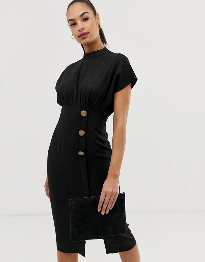 Asos Design Linen Midi Dress With High Neck And Tortoiseshell Buttons-black