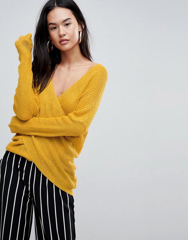 Parallel Lines Light Knit Sweater With Wrap Front - Yellow