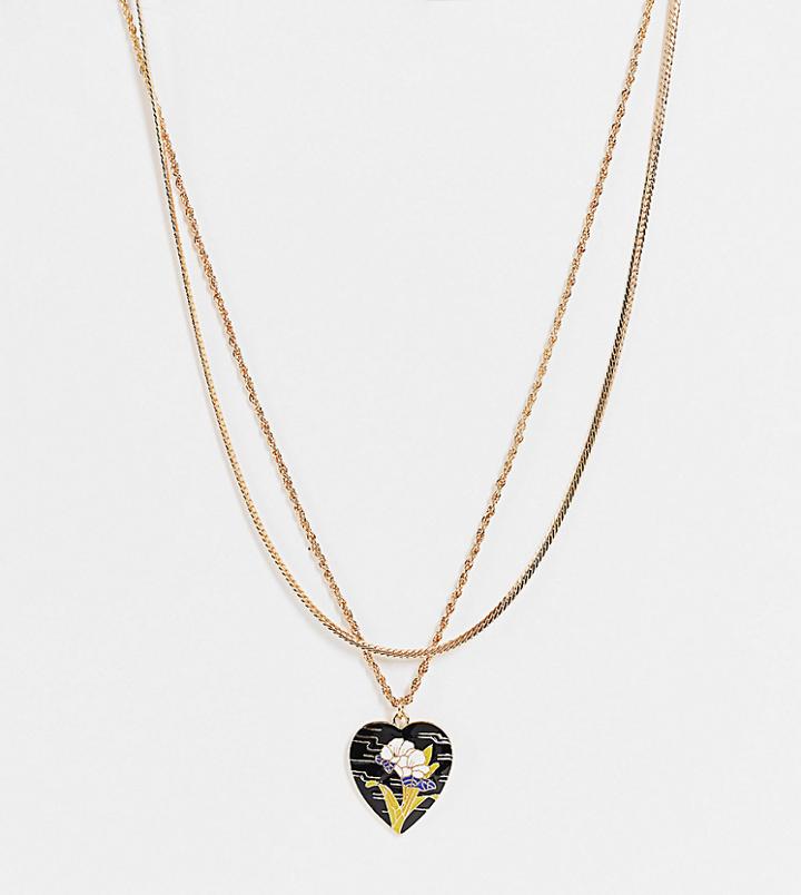 Reclaimed Vintage Inspired Necklaces With Flower Enamel Heart Design In Gold 2 Pack