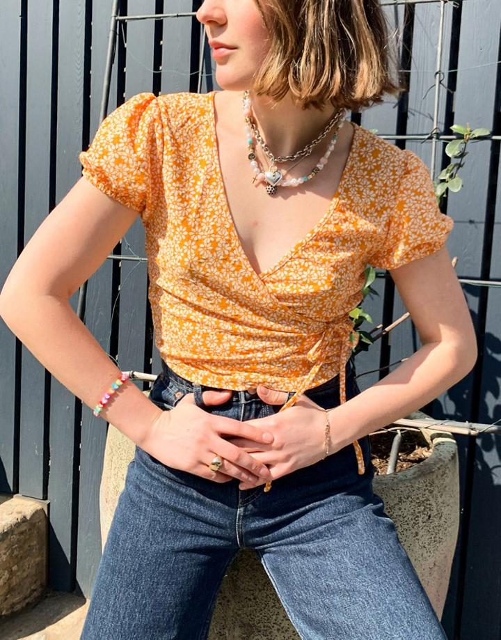 Bershka Ditsy Floral Wrap Crop Top In Orange