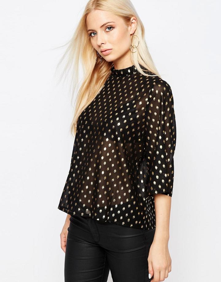 Ichi Brook Metallic Spot Top With High Neck - Black