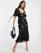 Asos Design Bias Cut Midi Dress With Ditsy Embellishment In Black