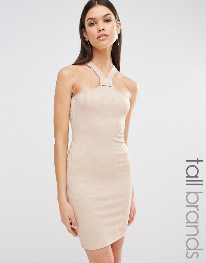 Missguided Tall Neck Detail Ribbed Bodycon Dress - Camel