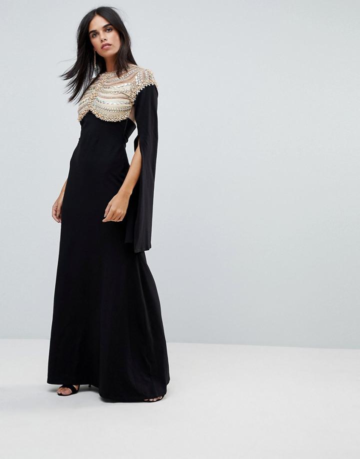 A Star Is Born Cape Sleeved Jersey Maxi Dress With Embellished And Mesh Top - Black