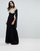 A Star Is Born Cape Sleeved Jersey Maxi Dress With Embellished And Mesh Top - Black