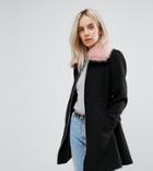 Asos Petite Skater Coat With Pink Faux Fur Collar - Black