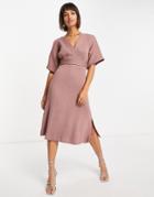 Closet London Kimono Sleeve Wrap Front Midi Dress In Winter Rose-pink