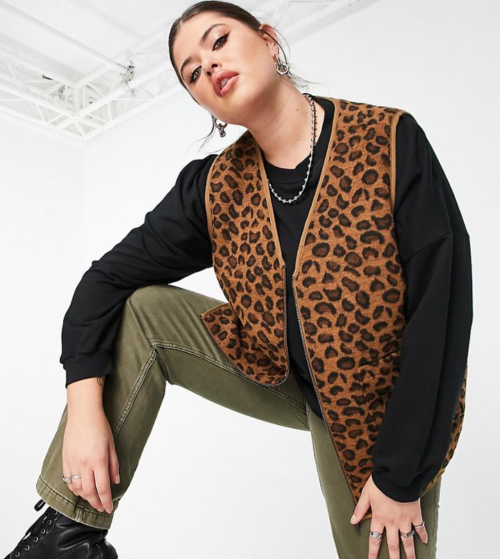 Native Youth Plus Oversized Vest In Brushed Leopard Print-brown